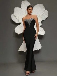 黑色绷带串珠紧身美人鱼晚礼服，欧美风格，优雅礼服，适合婚礼嘉宾、毕业典礼、晚宴 - 黑色 - 查看 2