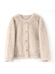 Solid Color Single-Breasted Cropped Faux Mink Jacket - Apricot - View 4