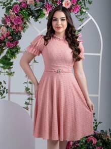 Women's Midi Dress With Belt Romantic Luxury Lese Cotton High Neck Elegant Modest Beautiful Party Wedding Zipper Buttons - 藕粉色 - 查看 4