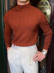 Men's Stand Collar Twist Knit Sweater, For Fall Winter - Brown - View 4