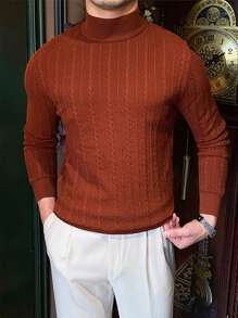 Men's Stand Collar Twist Knit Sweater, For Fall Winter - Brown - View 1