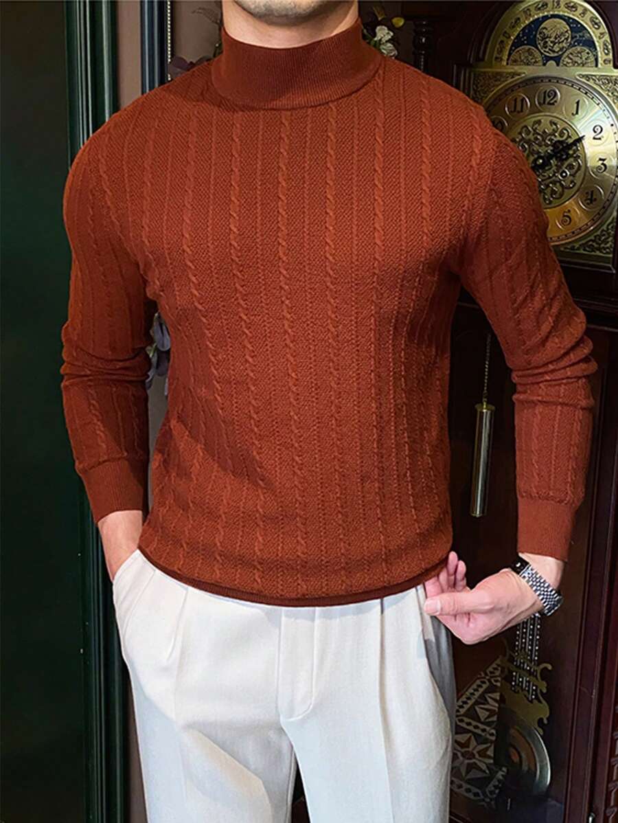 Men's Stand Collar Twist Knit Sweater, For Fall Winter - Brown - View 1