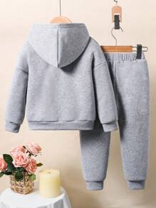 Young Girl Cartoon Print Hooded Sweatshirt And Sweatpants Set - Grey - View 2