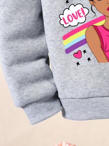 Young Girl Cartoon Print Hooded Sweatshirt And Sweatpants Set - Grey - View 4
