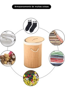 Natural Bamboo Dirty Clothes Storage Frame, Linen Lining With Lid, Portable - Circular - View 7