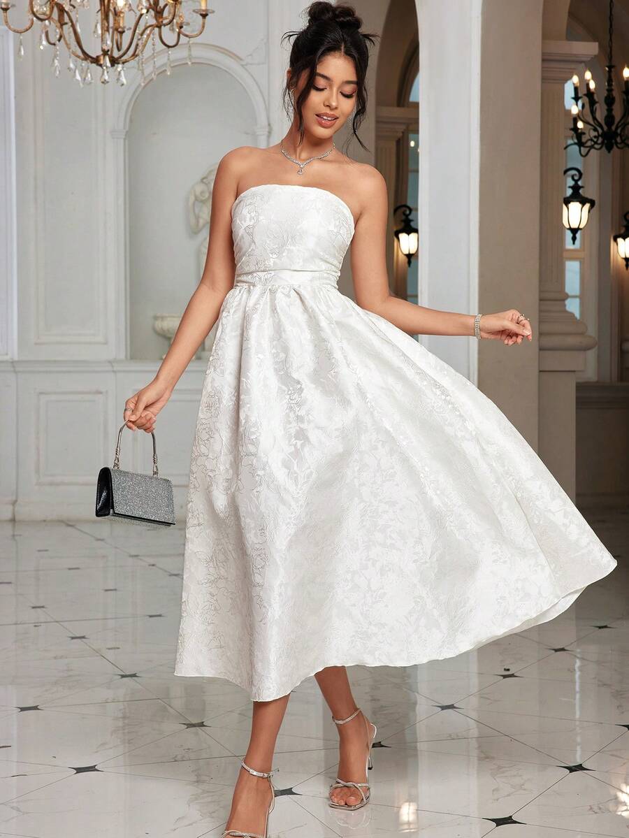 露肩露背绷带长款派对礼服白色优雅舞会半正式婚礼宾客礼服，适合生日、毕业典礼、返校节