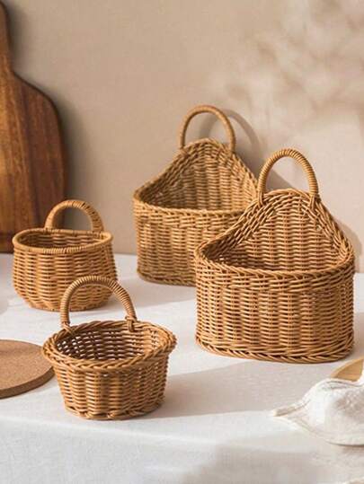 1 件编织悬挂式储物篮小尺寸壁挂式洋葱姜蒜篮，壁挂式储物篮，花卉装饰篮，多功能储物篮，金属框架花园花盆，现代波西米亚风绳挂篮，天然混合藤条装饰，适合沿海氛围露台装饰