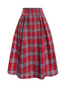 Plus Size Women Plaid Button Down Elegant A-Line Skirt - Red - View 1
