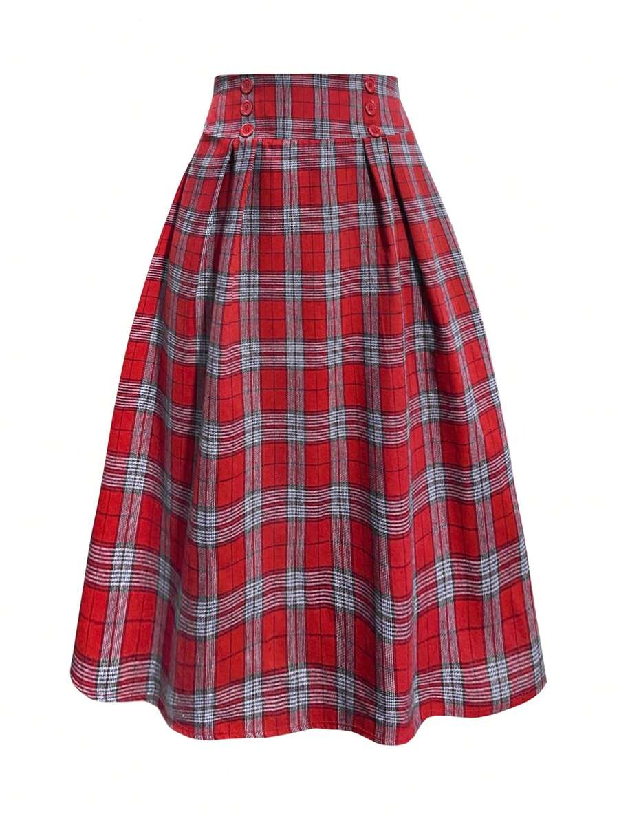 Plus Size Women Plaid Button Down Elegant A-Line Skirt - Red - View 1
