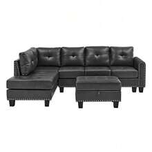 Sofá seccional de 3 plazas de PU negro, chaise longue reversible, con cojines de almacenamiento y portavasos de madera, patas antideslizantes - Negro - Ver 2