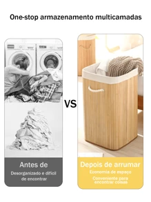 Natural Bamboo Dirty Clothes Storage Frame, Linen Lining With Lid, Portable - Circular - View 8