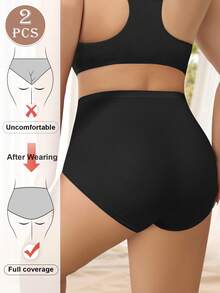 2 件装女士内裤无缝高腰纯色舒适透气大码内裤 - 黑色 - 查看 4