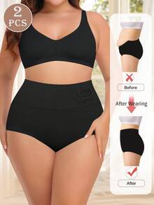 2 件装女士内裤无缝高腰纯色舒适透气大码内裤 - 黑色 - 查看 3