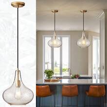 Handcrafted 11-Inch Mid-Century Modern Brass Gold Pendant Light With Seeded Glass Shade - Elegant Dining Room Pendant Light - 金色 - 查看 1