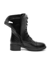 Women's Almond Round Toe Mid-Calf Boots Lace-Up Side Zipper Classic Combat Cycling Winter Military Boots  Riding Winter Festival Christmas Black Boots - ĐEN/PU - Xem 8