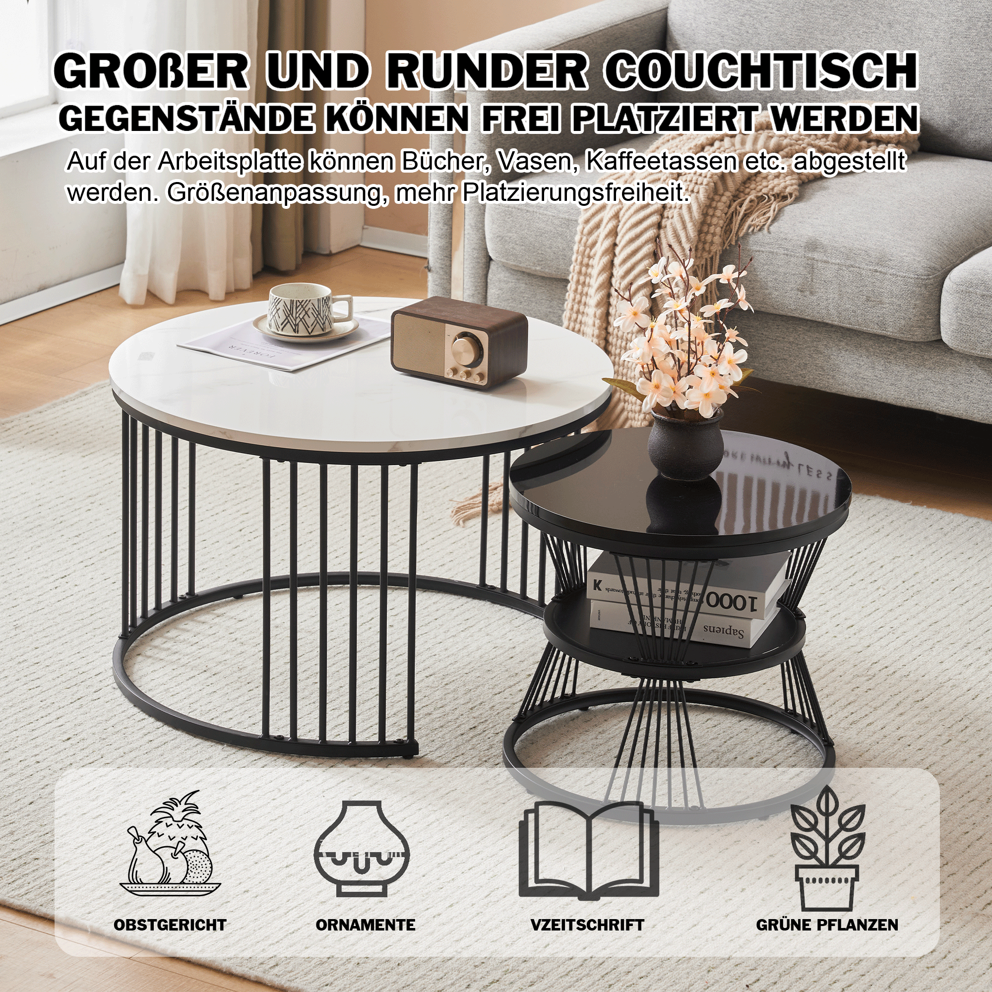 Modern Nesting Coffee Table With Wooden Top And Metal Base, Round Side Table For Living Room, Flat - Black and White - View 10