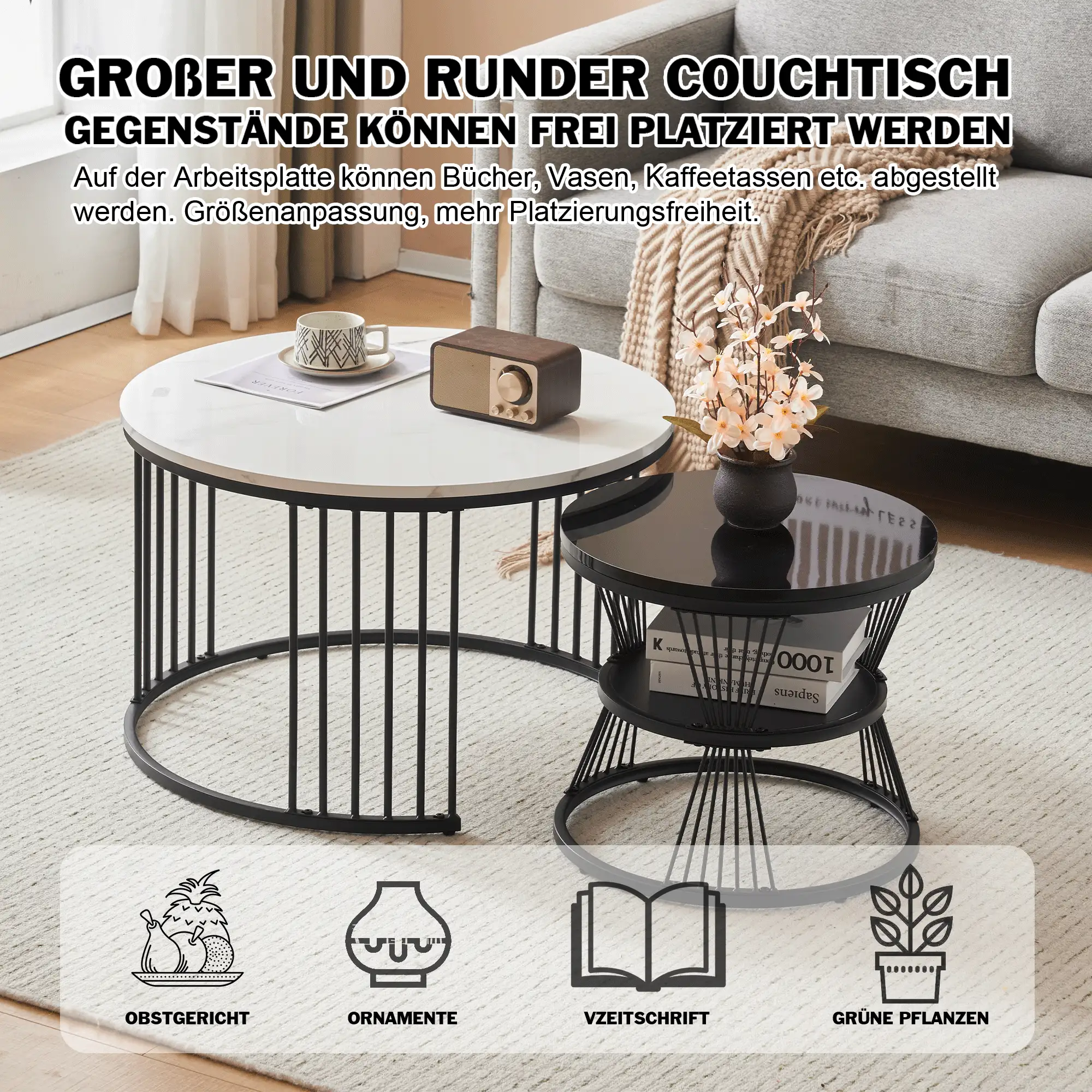 Modern Nesting Coffee Table With Wooden Top And Metal Base, Round Side Table For Living Room, Flat - Black and White - View 10