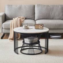 Modern Nesting Coffee Table With Wooden Top And Metal Base, Round Side Table For Living Room, Flat - Black and White - View 5