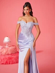 Smilprince 新款优雅露肩性感长款正式晚礼服，高开叉连衣裙，优雅派对，婚礼宾客舞会礼服，毕业典礼礼服，晚宴礼服 - 淺藍色 - 查看 7