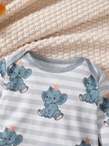 3 stuks/set babyjongens schattige olifant bedrukte romper met lange mouwen + vaste trekkoordbroek + hoed, casual en comfortabel