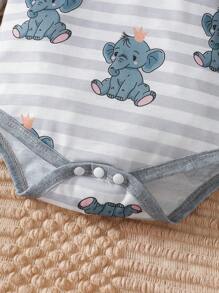 3 stuks/set babyjongens schattige olifant bedrukte romper met lange mouwen + vaste trekkoordbroek + hoed, casual en comfortabel
