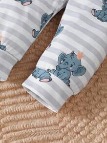 3 stuks/set babyjongens schattige olifant bedrukte romper met lange mouwen + vaste trekkoordbroek + hoed, casual en comfortabel