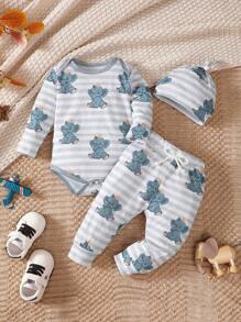 3 stuks/set babyjongens schattige olifant bedrukte romper met lange mouwen + vaste trekkoordbroek + hoed, casual en comfortabel