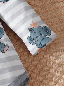3 stuks/set babyjongens schattige olifant bedrukte romper met lange mouwen + vaste trekkoordbroek + hoed, casual en comfortabel
