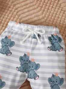 3 stuks/set babyjongens schattige olifant bedrukte romper met lange mouwen + vaste trekkoordbroek + hoed, casual en comfortabel