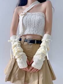 1 双秋冬保暖针织臂套，适合女孩，时尚 Y2K 千禧风格无指手套，带蝴蝶结装饰，适合日常穿着、居家、外出、舞台表演 - XN283# - 查看 9