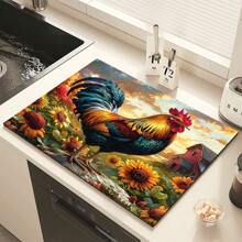 1pc Home Decor Sunflower & Rooster Print Dish Drying Mat, Christmas Tree Pattern Anti-Slip Dishwasher Top Protector Drying Mat, Absorbent Quick-Dry Pad, Durable Kitchen Coffee Machine Drying Mat - Multicolor - View 8