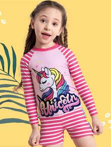 Young Girl Unicorn & Striped Print Tankini Swimwear - Pink - View 2