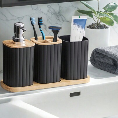 4Pcs Bathroom Set Soap Dispenser Toothbrush Cup And Bamboo Tray Set Countertop Toiletries Storage Set For Farmhouse Bathroom Decor Fall Decor Back To School