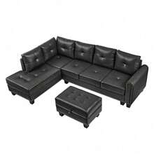 Sofá seccional de 3 plazas de PU negro, chaise longue reversible, con cojines de almacenamiento y portavasos de madera, patas antideslizantes - Negro - Ver 9