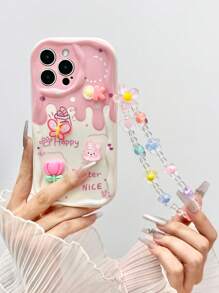 卡通图案彩绘油画纹理波浪边保护壳带链条配件，新款兼容Iphone15/iPhone14，糖果色防摔创意手机壳兼容 XR/7/8，兼容iPhone15 Pro Max、iPhone13、iPhone14、Apple 11软壳，P12防摔，XS直边彩绘，Redmi防水防震防摔防刮