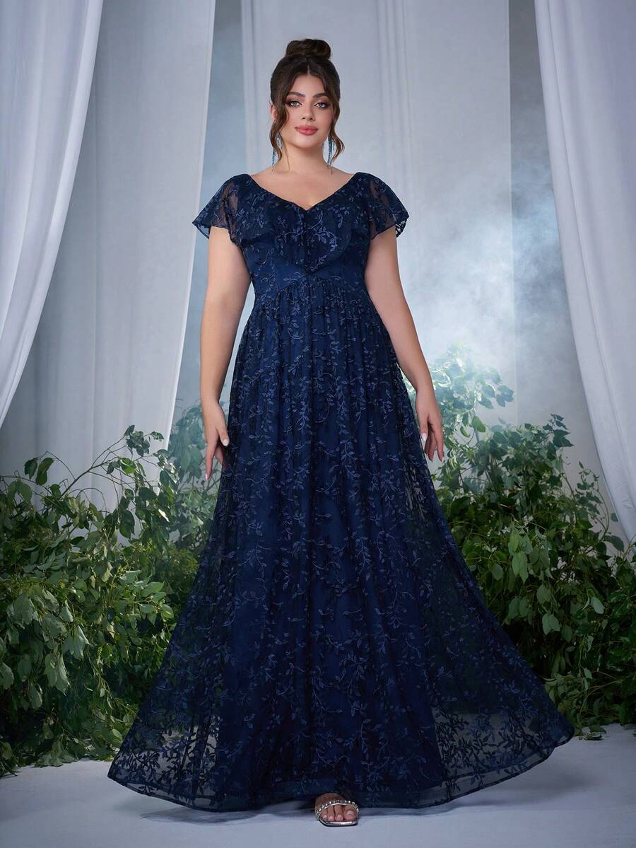 Váy phù dâu thanh lịch cổ chữ V, viền ren thêu cỡ lớn cho nữ - Màu xanh hải quân - Xem 1