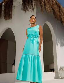 Women's Linen Dress With Tie-Up, Sleeveless - màu xanh lá - Xem 1