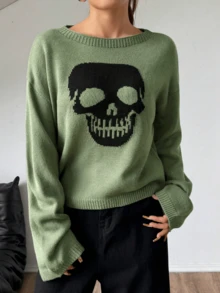 Plus Size Women's Autumn/Winter Sweater, New Fashionable Casual Y2K Skull Cute Jacquard Knit Crew Neck Long Sleeve Pullover Sweater Top, Suitable For Daily, Commute, Party, Halloween, Christmas, Thanksgiving, Street Photography - Green - View 4