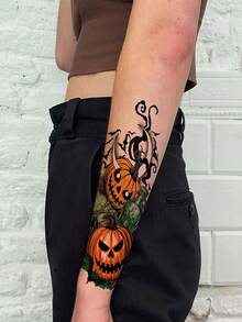 1 件临时纹身酷炫万圣节派对、南瓜、蝙蝠彩色人体彩绘化妆防水假纹身贴纸一次性使用可持续 1-3 天 - 黑色 - 查看 3