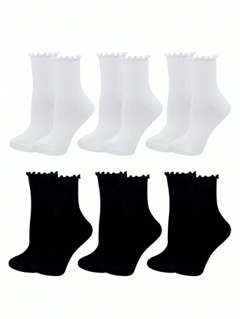 6 paires Chaussettes mi-mollet à volants froncés pour femmes, chaussettes de couleur unie Ins pour le port quotidien en toutes saisons
