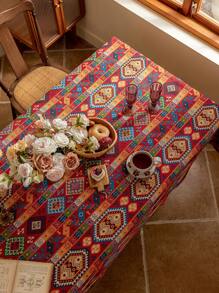1pc Bohemian Red Geometric High-Precision Jacquard Tablecloth, Dust And Heat-Resistant For Home, Dining Table, Coffee Table, Suitable For Farmhouse, Restaurant, Living Room, Party, Dinner, Birthday, Festival, Holiday, Christmas Decor - Multicolor - View 2
