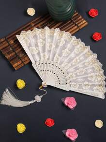 1 件白色樱花图案蕾丝折扇，配优雅大方的镀金框架，适合日常使用，扇长 22.5 厘米，金属花朵图案扇子生日最佳礼物，中性配饰，家居装饰配件和配饰（注意：本产品有一些小瑕疵，但不影响其整体外观或可用性。） - 彩色 - 查看 5