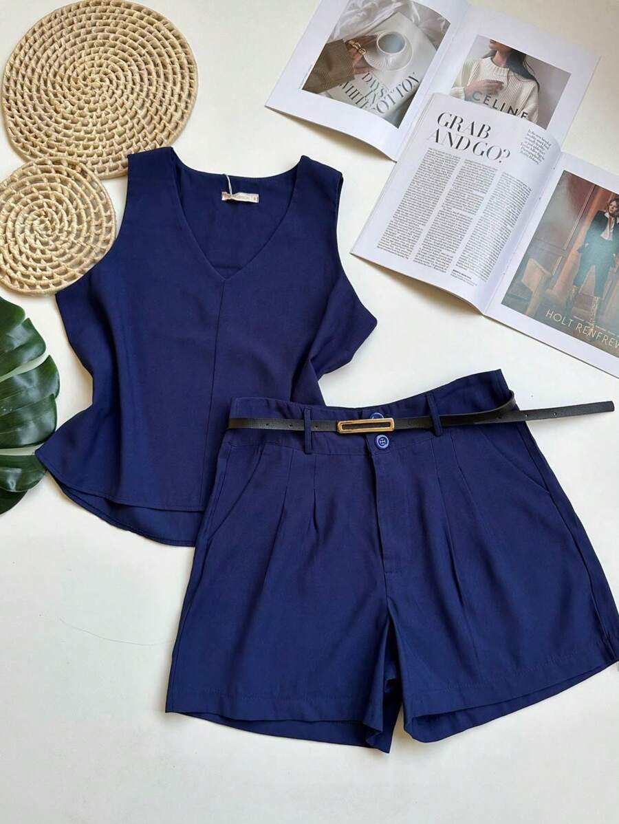 Marrant Women's Sleeveless T-Shirt And Belted Shorts Set - 藏蓝色 - 查看 1