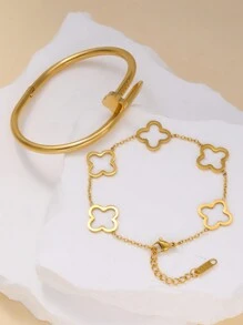 2pcs Fashionable Deluxe Clover Rivet Bracelet & Bangle Set, Stainless Steel, Suitable For Daily Wear And Gift Valentines,Mom,Mother,Mother's Day,Gift