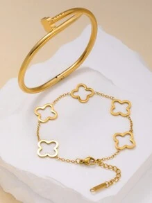 2pcs Fashionable Deluxe Clover Rivet Bracelet & Bangle Set, Stainless Steel, Suitable For Daily Wear And Gift Valentines,Mom,Mother,Mother's Day,Gift