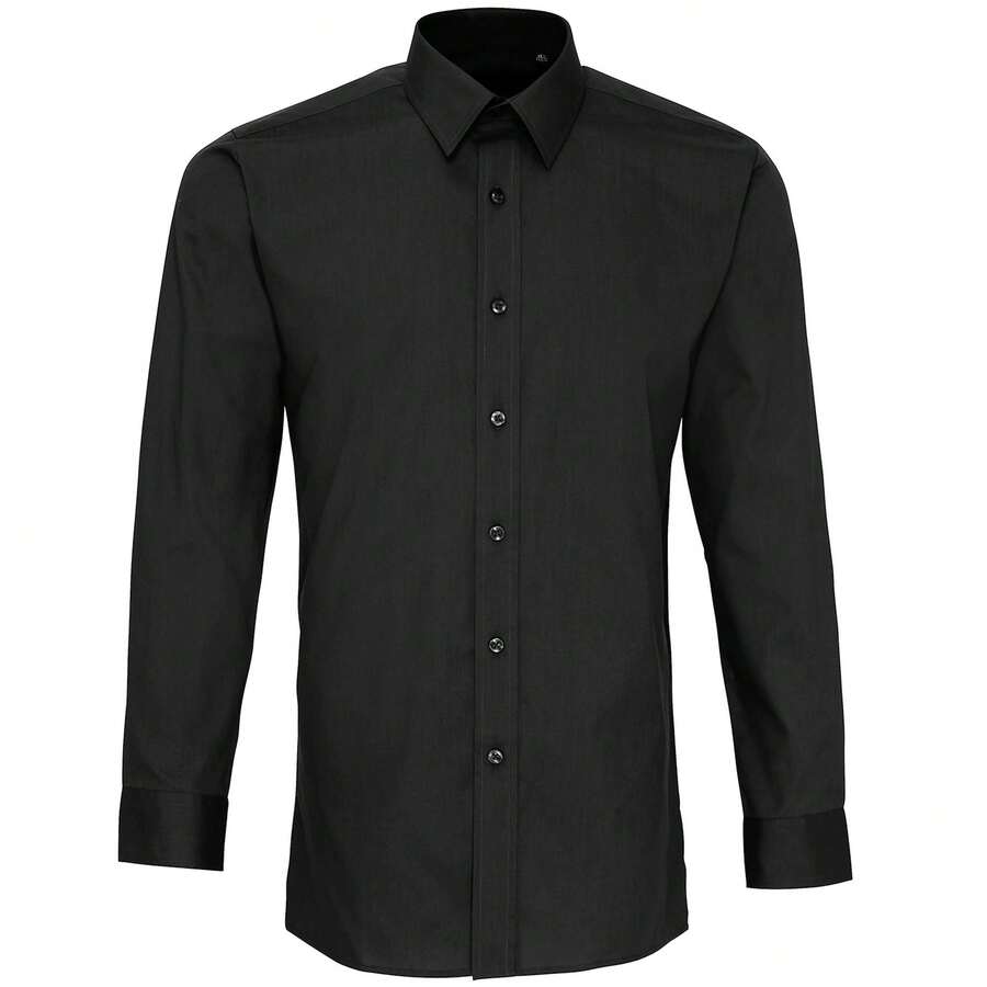 Camisa de trabajo de popelín de manga larga ajustada para hombre (negra) - Negro - Ver 1