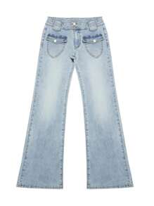 Women Stretch Light Blue Low-Rise Flared Jeans, Vintage Streetwear Style,2026 Spring And Summer, New Year And Valentine. - Blue - View 9