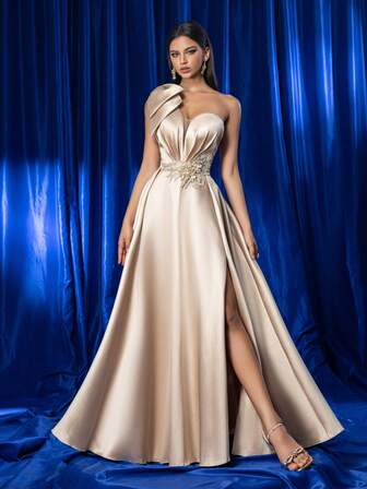 Elegant Luxury Handmade Bowknot Pearl Embroidered Champagne Satin Fabric Party Cocktail Formal Evening Gown For Women