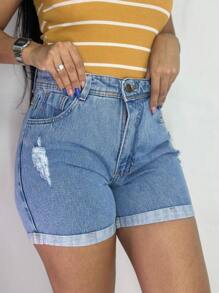 Short Mom Jeans, Plain And With Details - Medium Wash - View 2