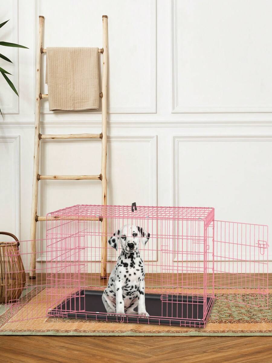 Small Dog Crate For Puppy, 24 Inch Metal Wire Pet Dog Cage For Small Animals Rabbit Indoor Outdoor Foldable Metal Dog Kennel With Divider Panel, Leak-Proof Plastic Pan - Pink - View 1